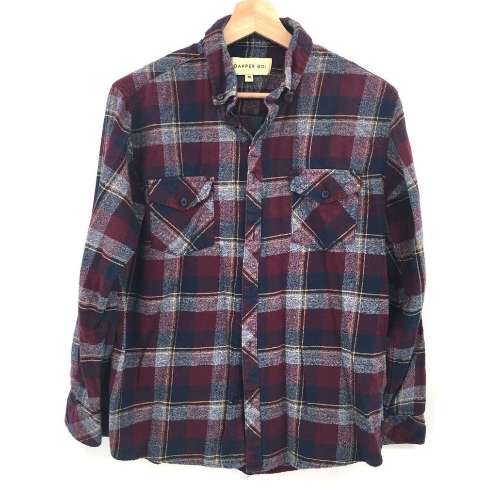 Dapper Boi button snap front flannel shirt pockets blue maroon top plaid Medium